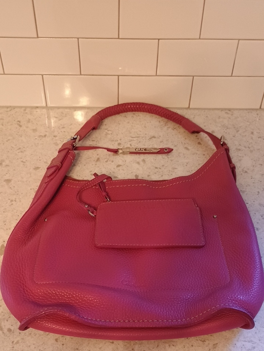 Cole Haan Hot Pink Pebbled Leather Shoulder Bag With Braided Top Handle-pouch